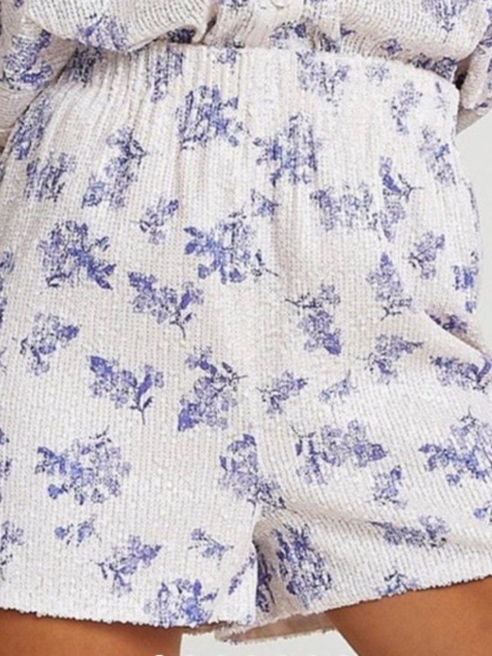 River Island Cream Sequined Shorts with Blue Floral Print Size 14